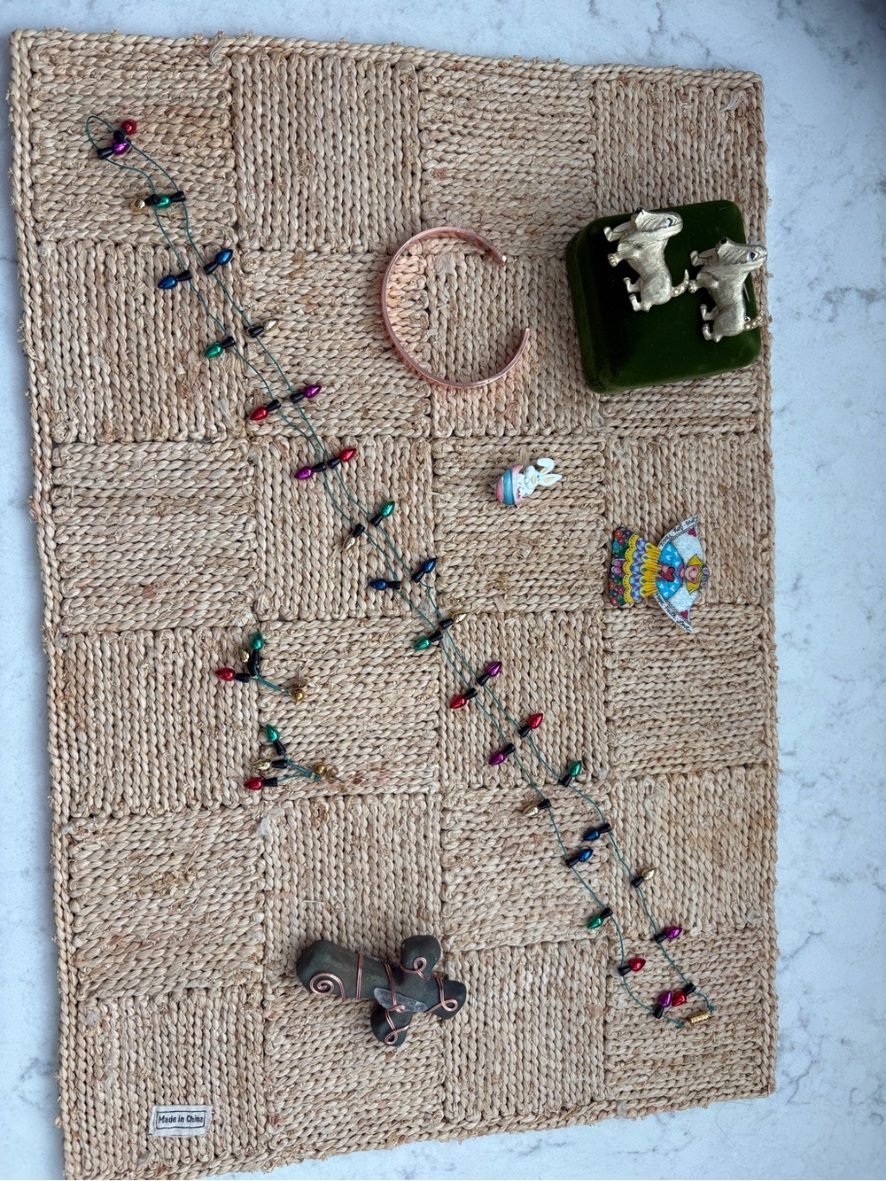 Misc holiday jewelry, copper bracelets, vintage basset hound pins, cross